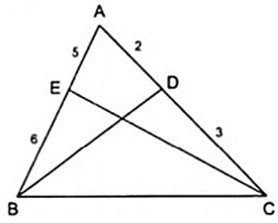 Cho tam giác ABC, các đường phân giác BD và CE. Biết AD/DC = 2/3 , EA/EB = 5/6 (ảnh 1)