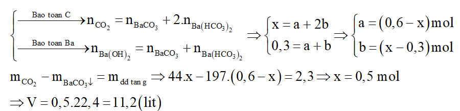 Hấp thụ hết V lít khí CO2 (đktc) trong dung dịch chứa 0,3 mol Ba(OH)2, thu được kết tủa và khối lượng dung dịch tăng 2,3 gam. Giá trị của V là: (ảnh 4)