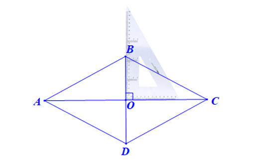 Cho hình thoi ABCD có O là giao điểm của hai đường chéo. Hãy dùng êke để tìm tia phân giác (ảnh 1)