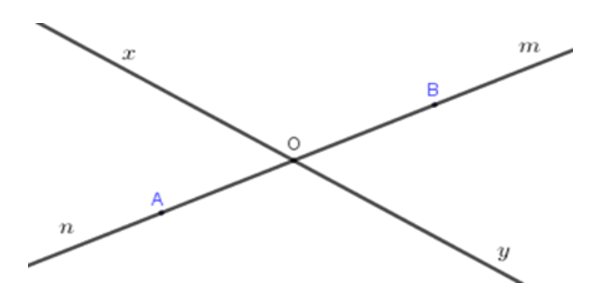 Vẽ hai đường thẳng xy và mn cắt nhau tại O.  Trên tia On lấy điểm A, (ảnh 1)