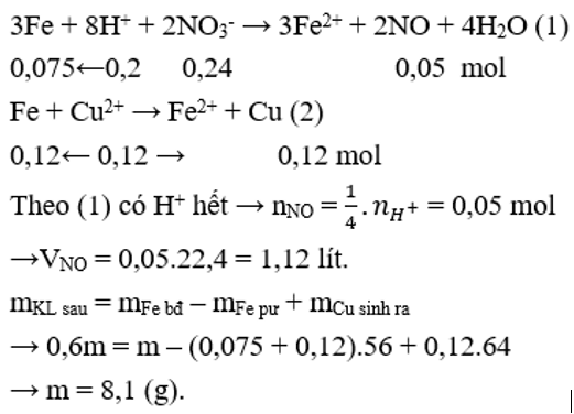 Cho a gam bột Fe vào 400 ml dung dịch hỗn hợp gồm Cu(NO3)20,3M và H2SO40,25M. Sau khi cácphản ứng xảy ra hoàn toàn, thu được 0,6a gam hỗn hợp bột kim loại và V lít khí NO (sản phẩm khử duy nhất, ở đktc). Giá trị của a và V lần lượt là (ảnh 1)