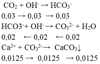Hấp thụ hoàn toàn 0,672lit khí CO2 (đktc) vào 1 lít dd gồm NaOH 0,025M và Ca(OH)2 0,0125M, thu được x gam kết tủa. Giá trị của x là : (ảnh 1)
