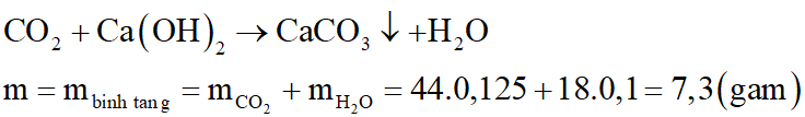 Hỗn hợp khí X gồm C2H4, CH4, C3H4 và C4H4 có tỉ khối so với H2 là 17. Đốt cháy hoàn toàn 0,05 mol hỗn hợp X rồi hấp thụ toàn bộ sản phẩm cháy vào bình dung dịch Ca(OH)2 (dư) thì khối lượng bình tăng thêm m gam. Giá trị của m là: (ảnh 2)