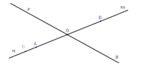 Vẽ hai đường thẳng xy và mnmn cắt nhau tại O.  Trên tia On lấy điểm A, trên tia Om  (ảnh 1)