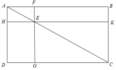 Cho hình chữ nhật ABCD. Qua E là một điểm bất kỳ nằm trrên đường chéo AC, kẻ hai đường chéo FG//AD và HK//AB (ảnh 1)