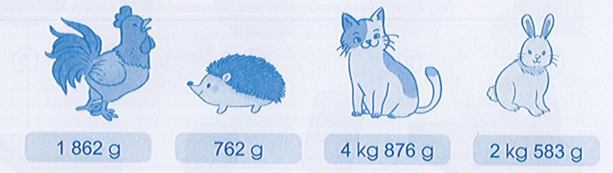 Đọc cân nặng của mỗi con vật sau với đơn vị gam rồi cho biết con vật nào  (ảnh 1)
