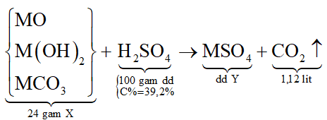Hòa tan hoàn toàn 24 gam hỗn hợp X gồm MO, M(OH)2 và MCO3 (M là kim loại có hóa trị không đổi) trong 100 gam dung dịch H2SO4 39,2% thu được 1,12 lít khí (đktc) và dung dịch Y chỉ chứa một chất tan duy nhất có nồng độ 39,41%. Kim loại M là: (ảnh 1)