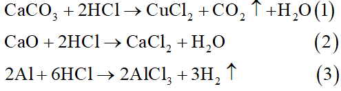 Có hỗn hợp gồm CaCO3, CaO, Al. Để xác định phần trăm khối lượng của hỗn hợp, người ta cho 10 gam hỗn hợp phản ứng hoàn toàn với dung dịch HCl dư. Dẫn toàn bộ khí thu được sau phản ứng qua bình đựng nước vôi trong dư thì thu 1 gam kết tủa và còn lại 0,672 lít khí không màu ở đktc. (ảnh 1)