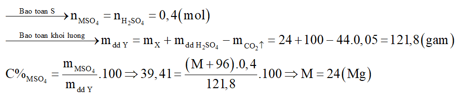 Hòa tan hoàn toàn 24 gam hỗn hợp X gồm MO, M(OH)2 và MCO3 (M là kim loại có hóa trị không đổi) trong 100 gam dung dịch H2SO4 39,2% thu được 1,12 lít khí (đktc) và dung dịch Y chỉ chứa một chất tan duy nhất có nồng độ 39,41%. Kim loại M là: (ảnh 3)