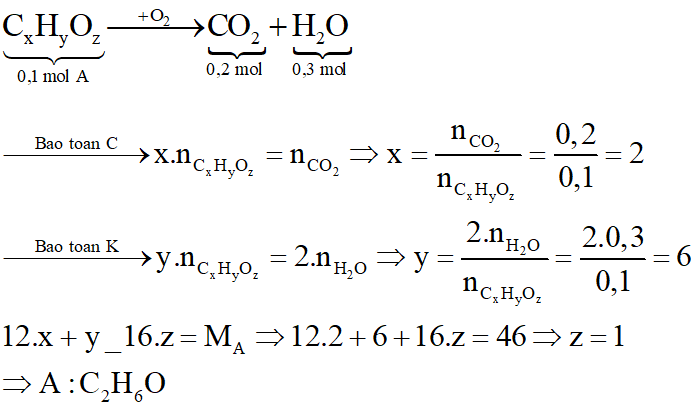 Đốt cháy hoàn toàn 4,6 gam hợp chất hữu cơ A thu được 4,48 lít CO2 (đktc) và 5,4 gam H2O. Biết tỉ khối hơi của A đối với hiđro bằng 23. Công thức phân tử của A là: (ảnh 3)