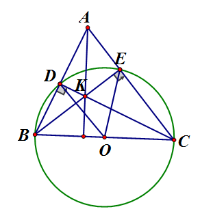 Cho tam giác ABC nhọn. Vẽ đường tròn (O) có đường kính BC, nó cắt cạnh AB (ảnh 1)