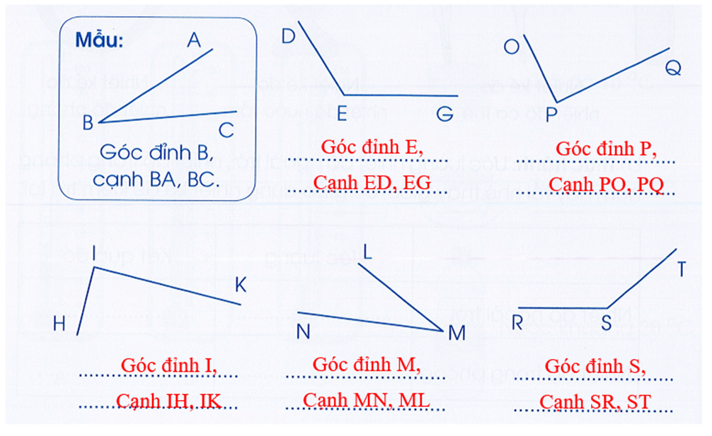 a) Viết tên đỉnh và cạnh của mỗi góc trong các hình dưới đây (theo mẫu): (ảnh 2)