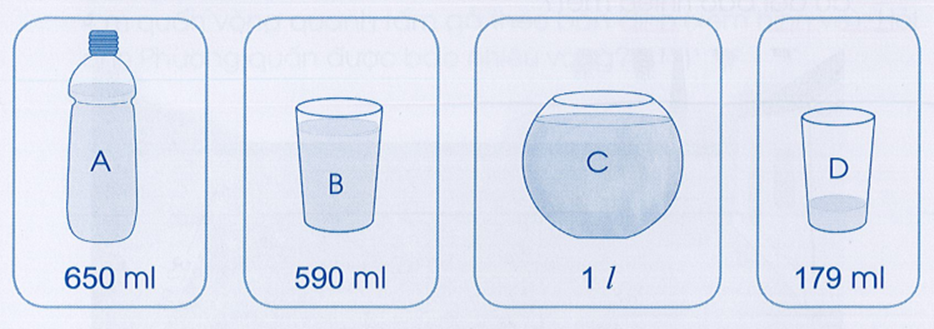 a) Viết tên các chữ tương ứng trên các đồ vật sau theo thứ tự từ đồ vật có chứa ít nước nhất đến đồ vật có nhiều nước nhất. (ảnh 1)