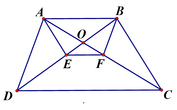 Cho hình thang ABCD có AB là đáy nhỏ, CD là đáy lớn; O là giao điểm của hai đường chéo AC và BD. a) Chứng minh : Tam giác AOB đồng dạng với tam giác COD. (ảnh 1)