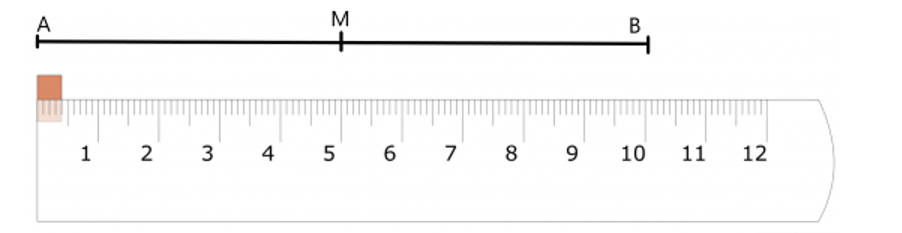 b) Vẽ đoạn thẳng AB dài 10 cm, xác định trung điểm M của đoạn AB. (ảnh 1)
