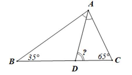Cho tam giác ABC có góc B = 35 độ, góc C = 65 độ. Tia phân giác góc A (ảnh 1)