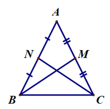 Cho tam giác ABC cân tại A. Gọi M, N lần lượt là trung điểm của AC (ảnh 1)