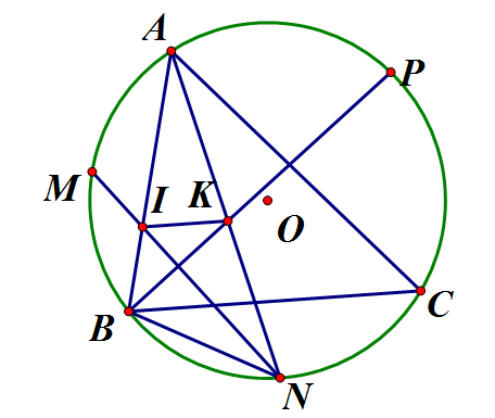 Trên đường tròn (O) lấy ba điểm A, B, C. Gọi M, N, P theo thứ tự là các điểm (ảnh 1)