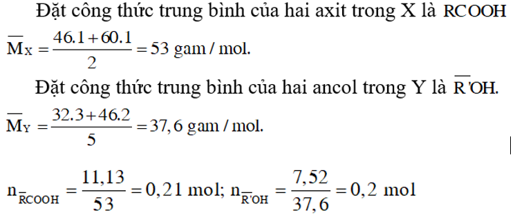 Hỗn hợp X gồm axit HCOOH và CH3COOH (tỉ lệ mol 1:1). Hỗn hợp Y gồm hai ancol CH3OH và C2H5OH (tỉ lệ mol 3 : 2). Lấy 11,13 gam hỗn hợp X tác dụng với 7,52 gam hỗn hợp Y (có xúc tác H2SO4 đặc) thu được m gam hỗn hợp este (hiệu suất các phản ứng đều bằng 80%). Giá trị m là  (ảnh 1)