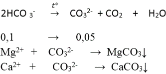 Một cốc nước có chứa các ion: Na+ (0,02 mol), Mg2+ (0,02 mol), Ca2+ (0,04 mol), Cl-(0,02 mol), HCO3- (0,10 mol) và SO42-(0,01 mol). Đun sối cốc nước trên cho đến khi các phản ứng xảy ra hoàn toàn thì nước còn lại trong cốc: (ảnh 1)