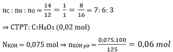 Hợp chất X (chứa vòng benzen) và có tỉ lệ khối lượng mC : mH : mO = 14 : 1 : 8. Đun nóng 2,76 gam X với 75ml dung dịch KOH 1M (dư 25% so với lượng cần phản ứng) đến khi phản ứng xảy ra hoàn toàn, thu được dung dịch Y. Cô cạn Y, thu được a gam chất rắn khan. Biết X có công thức phân tử trùng với công thức đơn giản nhất. Giá trị của a là: (ảnh 1)