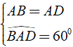 Cho hình thoi ABCD có AB = BC = CD = DA = 4cm và BACˆ = 600. Diện tích của hình thoi ABCD là ? (ảnh 1)