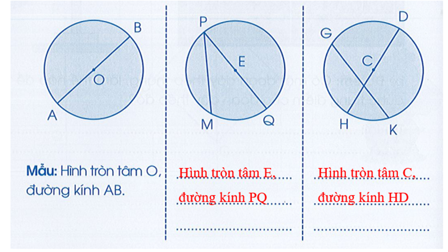 Viết tên hình tròn và đường kính của mỗi hình sau (theo mẫu): Hình tròn tâm O, đường kính AB (ảnh 2)