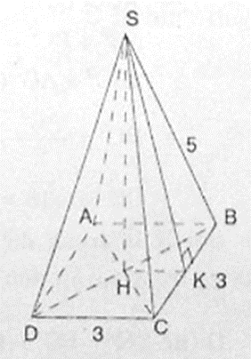 Cho hình chóp tứ giác đều S.ABCD, đáy ABCD là hình vuông có cạnh 3cm, cạnh bên SA = 5cm. a) Tính đường cao SH của hình chóp. b) Tính diện tích xung quanh và thể tích của hình chóp. (ảnh 1)