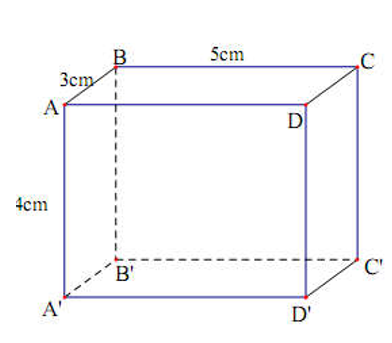 Hình hộp chữ nhật ABCD.A’B’C’D’ có AB = 3cm; BC = 5cm; AA’ = 4cm (hình vẽ). Khi đó thể tích của hình hộp chữ nhật là (ảnh 1)