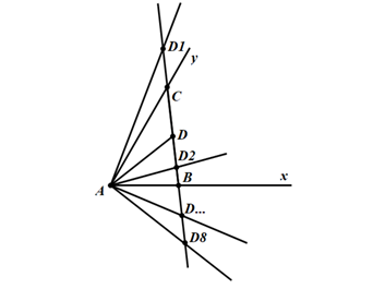 c) Lấy 8 điểm phân biệt D1, D2, …,D8 trên đường thẳng BC (D1, D2, …,D8 không trùng với các điểm B, C, D).  (ảnh 1)