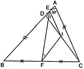 Cho tam giác ABC( AB > AC ) có góc A = 50 độ. Trên cạnh AB lấy điểm D sao cho BD = AC. Gọi E, F lần lượt là (ảnh 1)