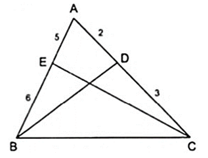 Cho tam giác ABC, các đường phân giác BD và CE. Biết AD/DC = 2/3, EA/EB (ảnh 1)
