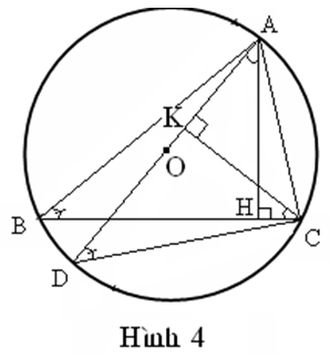 Cho tam giác ABC nội tiếp trong đường tròn tâm O, với AB > AC. Kẻ đường cao AH, bán kính OA.  (ảnh 4)