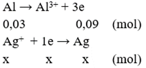Cho hỗn hợp (Y) gồm 2,8 gam Fe và 0,81 gam Al vào 200ml dung dịch (C) chứa AgNO3 và Cu(NO3)2. Kết thúc phản ứng thu được dung dịch (D) và 8,12 gam chất rắn (E) gồm ba kim loại. Cho (E) tác dụng với dung dịch HCl dư, ta thu được 0,672 lít H2 (đktc). Tính nồng độ mol/l AgNO3, Cu(NO3)2 trước khi phản ứng. (ảnh 1)