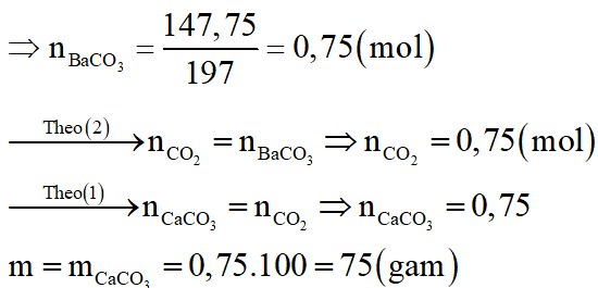 Nung hoàn toàn m gam CaCO3 đến khối lượng không đổi, toàn bộ lượng khí CO2 thoát ra hấp thụ hết vào dung dịch Ba(OH)2 dư, thu được 147,75 gam kết tủa. Giá trị của m là: (ảnh 2)