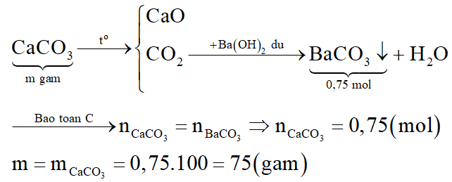 Nung hoàn toàn m gam CaCO3 đến khối lượng không đổi, toàn bộ lượng khí CO2 thoát ra hấp thụ hết vào dung dịch Ba(OH)2 dư, thu được 147,75 gam kết tủa. Giá trị của m là: (ảnh 3)