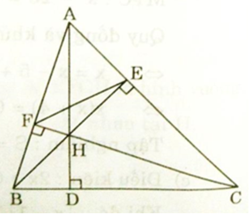Cho tam giác nhọn ABC, các đường cao AD, BE, CF cắt nhau tại H. a) Chứng minh ΔAEB và ΔAFC đồng dạng. Từ đó suy ra: AF.AB = AE.AC b) Chứng minh ∠AEF = ∠ABC c) Cho AE = 3cm, AB = 6cm. Chứng minh rằng SABC = 4SAEF d) Chứng minh (ảnh 2)