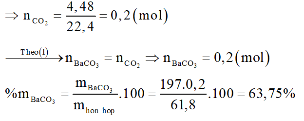 Hoàn toàn 61,80 gam hỗn hợp gồm BaCO3 và CaO bằng dung dịch HCl dư thấy thoát ta 4,48 lít khí ở đktc. Phần trăm khối lượng của BaCO3 trong hỗn hợp ban đầu là: (ảnh 2)