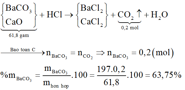 Hoàn toàn 61,80 gam hỗn hợp gồm BaCO3 và CaO bằng dung dịch HCl dư thấy thoát ta 4,48 lít khí ở đktc. Phần trăm khối lượng của BaCO3 trong hỗn hợp ban đầu là: (ảnh 3)