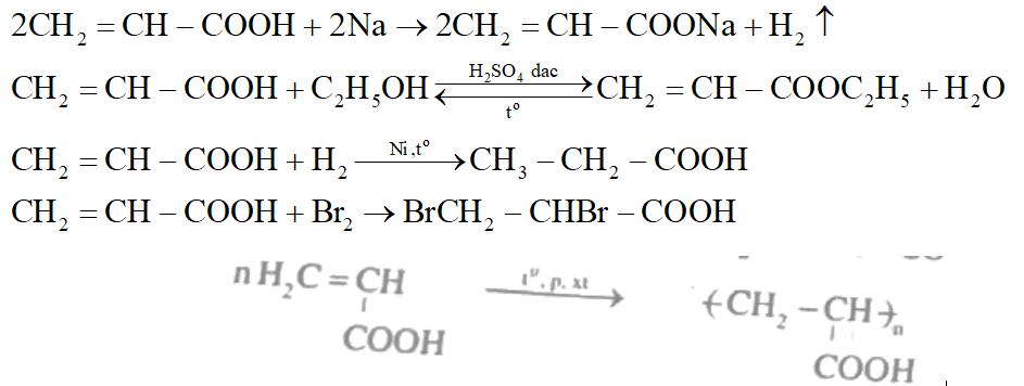 A là axit acrylic có công thức phân tử là C3H4O2 và có tính chất tương tự của cả etilen; axit axetic. Hãy biết công thức cấu tạo của A; phương trình hóa học xảy ra của A với Na, C2H5OH, H2, Br2, trùng hợp. (ảnh 1)
