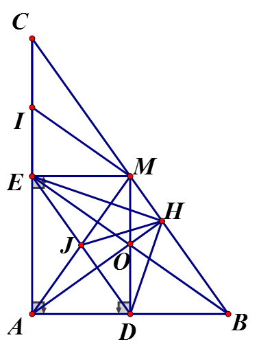 cho tam giác ABC vuông tại A (AB < AC) .Gọi M là trung điểm của  BC. D, E Llần lượt là hình chiếu của M lên  AB, AC (ảnh 1)