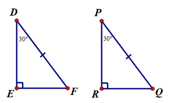 Cho tam giác FDE và tam giác PQR có: góc E = góc R = 90 độ (ảnh 1)