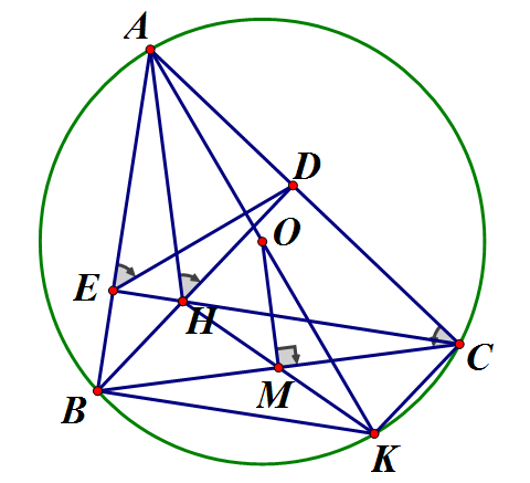 Cho tam giác ABC có ba góc nhọn nội tiếp đường tròn tâm O. Các đường cao BD (ảnh 1)