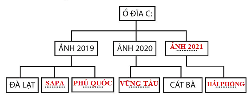 Các tệp ảnh chụp trong mỗi dịp đi chơi của gia đình bạn Khoa được đặt trong một thư mục trong máy tính. Tên thư mục là địa danh mà họ đi thăm. Năm 2019 gia đình Khoa có ba chuyến đi là: thăm thành phố Đà Lạt, thăm thành phố Sa Pa và tắm biển ở Phú Quốc. Năm 2020 có hai chuyến đi là: thăm thành phố Vũng Tàu, thăm đảo Cát Bà. Năm 2021 do dịch Covid-19 nên cả nhà chỉ về thăm quê ngoại ở Hải Phòng. Em hãy biểu diễn cách sắp xếp các thư mục ảnh trong máy tính của gia đình bạn Khoa bằng sơ đồ hình cây bằng cách điền tên thư mục vào hình dưới đây. (ảnh 2)