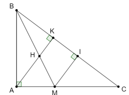 Cho tam giác ABC vuông tại A, đường cao AK, biết AB = 12cm, BC = 20cm. a) Chứng minh tam giác KBA ᔕ tam giác ABC và tính BK. (ảnh 1)