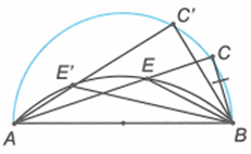 b) Trên tia CA lấy điểm E sao cho CE = CB. Tìm quỹ tích các điểm E khi C chạy trên nửa đường tròn đã cho. (ảnh 1)