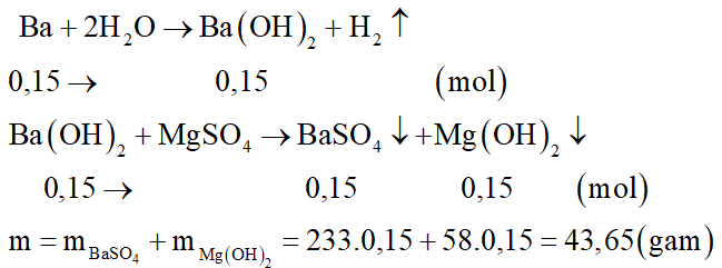Cho 20,55 gam Ba vào lượng dư dung dịch MgSO4. Sau khi các phản ứng xảy ra hoàn toàn, thu được m gam kết tủa. Giá trị của m gam là: (ảnh 2)