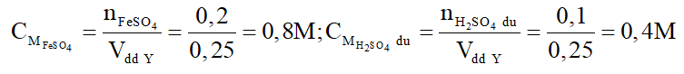 Cho m gam hỗn hợp X gồm Fe và Cu vào dung dịch H2SO4 loãng, dư thu được 4,48 lít khí (đktc) và thấy còn 8,8 gam chất rắn không tan. Lấy phần chất rắn không tan ra thu được 250ml dung dịch Y. (ảnh 6)