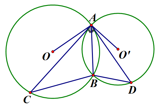 Cho hai đường tròn (O) và (O') cắt nhau tại A và B. Từ A vẽ hai tiếp tuyến với (ảnh 1)