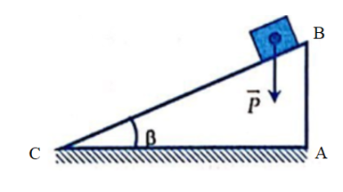 Một vật có trọng lượng 5 N trượt từ đỉnh B đến chân C của một mặt phẳng nghiêng (ảnh 1)